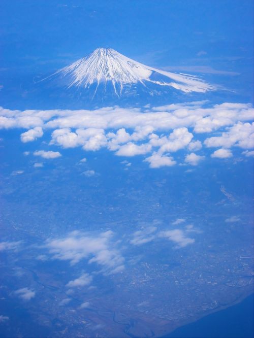 Mt Fuji, Aerofotografija, Debesis, Mėlynas, Tamsiai Mėlyna, Žiema, Fuji, Sniegas, Iš Dangaus, Prefektūra Shizuoka, Japonija, Prefektūra Яманаси, Suruga Įlanka, Jūra, Antomasako