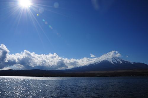 Mt Fuji, Saulė, Debesis, Ežeras