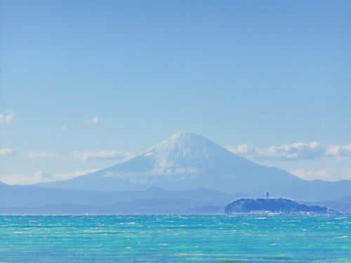 Mt Fuji, Jūra, Mėlynas Dangus, Enoshima, Japonija, Kraštovaizdis, Giedras Dangus