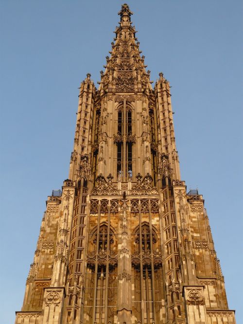 Münsteris, Dom, Bažnyčia, Pastatas, Fasadas, Architektūra, Tikėjimas, Krikščionis, Krikščionybė, Ulm, Ulmi Katedra, Vakarinė Šviesa, Bokštas, Spire