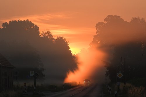 Münsterland,  Sunrise,  Kelių,  Rūkas