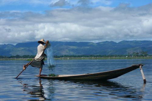 Mianmaras, Inle, Žvejys, Valtis, Medžioklė, Ežeras