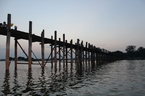Mianmaras, Burma, Tiltas, U Kojos Tiltas, U-Bein Tiltas, Medinis Tiltas, Vakaro Saulė