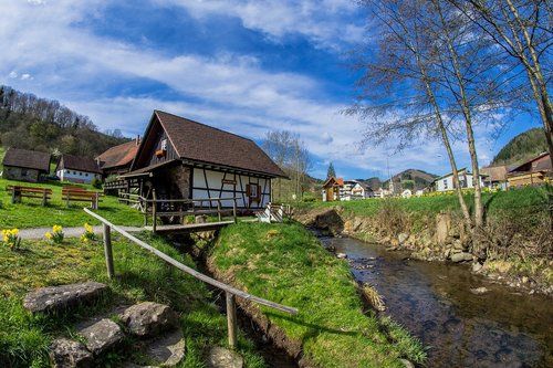 Pobūdį,  Malūnas,  Nordrach,  Kelionė,  Mediena,  Kraštovaizdis,  Dangus,  Medis,  Upė,  Miškai,  Statyba,  Juodasis Miškas,  Santvara,  Architektūra,  Statybos,  Senas Pastatas,  Istorinis Pastatas