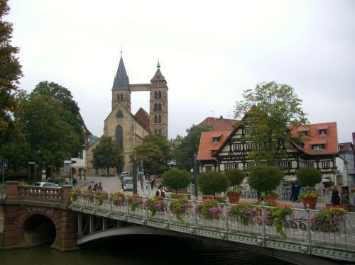 Neckar Kanalas, Tiltas, Miesto Bažnyčia St Dani, Fachwerkhaus, Esslingen