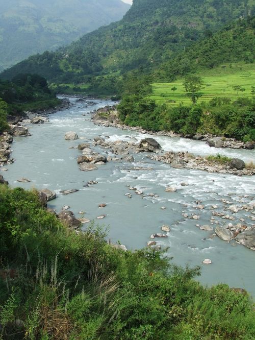 Nepalas, Annapurna, Pasivaikščiojimas, Upės Srautas, Vandens Srautas, Akmenys, Kalnai, Žalias, Laukai, Gamta