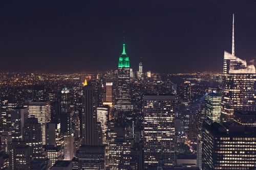 Niujorkas, Miestas, Panorama, Pastatai, Aukštas Pakyla, Bokštai, Stogai, Naktis, Tamsi, Žibintai, Architektūra, Usa, Jungtinės Valstijos, Amerikietis