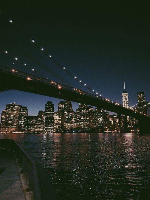 Niujorkas, Miestas, Nyc, Pastatai, Panorama, Architektūra, Žibintai, Naktis, Tamsi, Vakaras, Tiltas, Miesto, Vanduo, Dangus