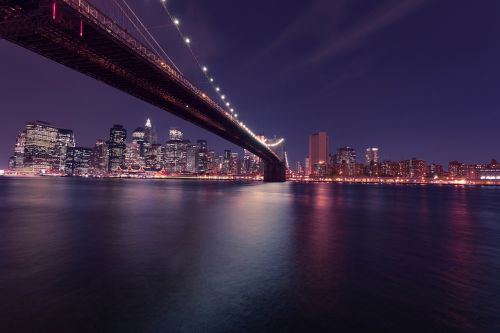 Niujorkas, Bruklino Tiltas, Naktis, Panorama, Niujorkas, Usa, Amerikietis, Miestas, Miestas, Dangoraižiai, Aukštas Pakyla, Šiuolaikiška, Manhatanas