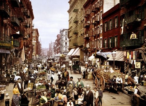 Niujorkas, Nyc, Manhatanas, Mulberry Street, Fotochromas, 1900, Prekyba, Turgus, Prekiautojas