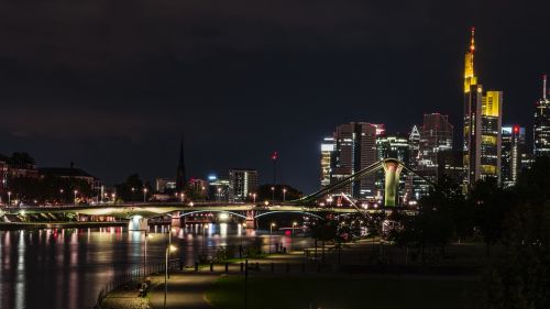 Frankfurtas, Pagrindinė Upė, Naktis, Miestas, Miesto Naktį, Panorama, Architektūra, Metropolis, Miestas Naktį, Upė, Kraštovaizdis, Vanduo, Tiltas, Atspindys, Miesto Panorama