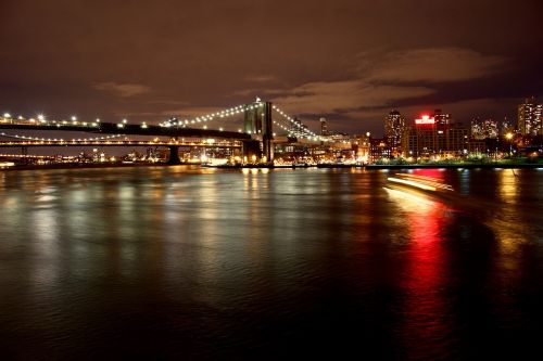 Naktis, Tiltas, Niujorkas, Žibintai, Apšvietimas, Atspindys, Naktinė Nuotrauka