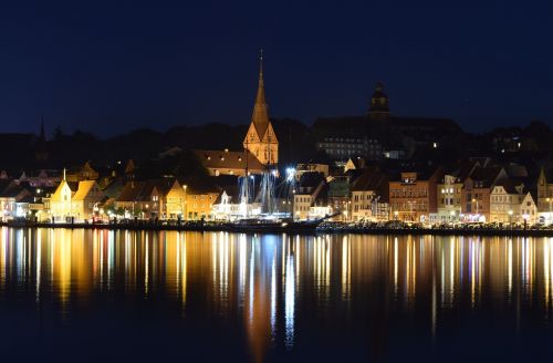 Naktinė Nuotrauka, Miestas, Uostas, Jūra, Ilga Ekspozicija, Namai, Atspindys, Flensburgas