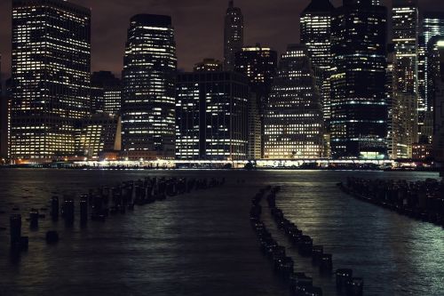 Naktinė Fotografija, Manhatanas, Niujorkas, Dangoraižiai, Naktiniai Žiburiai, Verslas, Miesto Centras, Centro