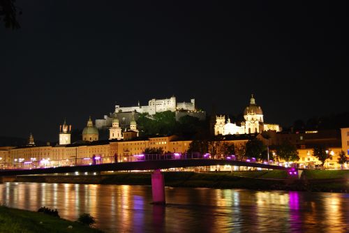 Salzburg,  Austria,  Hohensalzburg,  Tvirtovė,  Salzach,  Upė,  Riverside,  Naktis,  Naktinis Vaizdas Į Salzburgą