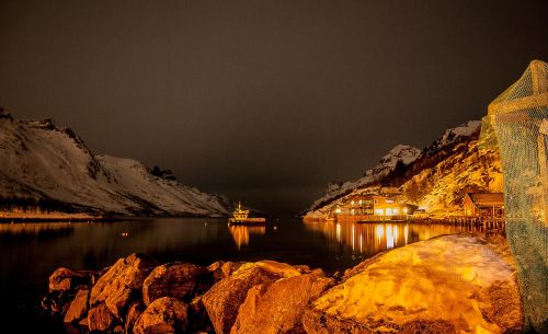 Norvegija, Uostas, Fjordas, Naktis, Arktinis Apskritimas