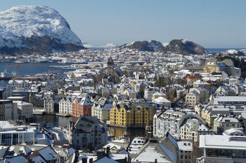Norvegija, Ålesund Norvegija, Hurtigruten, Miesto Vaizdas, Žiema, Sniegas, Vaizdas