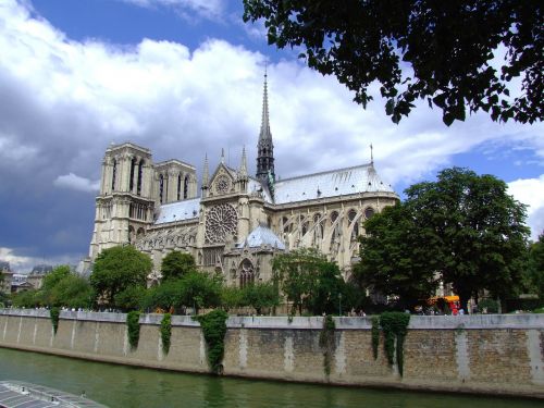 Notre Dame, Katedra, Paris, France, Katalikų, Dangus, Debesys, Orientyras, Žinomas, Architektūra, Upė, Vanduo, Kanalas, Medžiai, Lauke, Vasara, Pavasaris