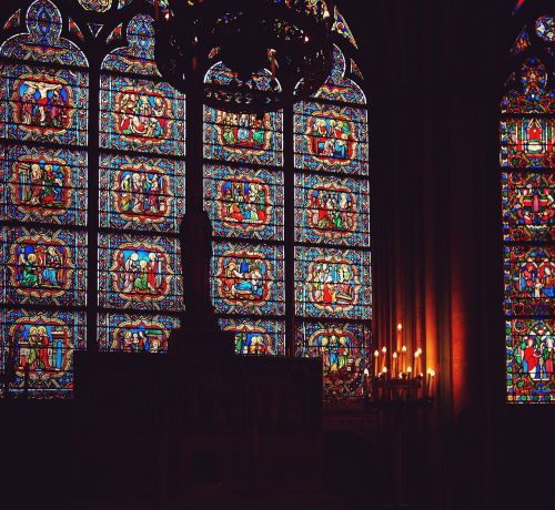 Notre Dame Katedra, Paris, France, Vitražai, Žvakės, Tamsi, Religija, Katalikų