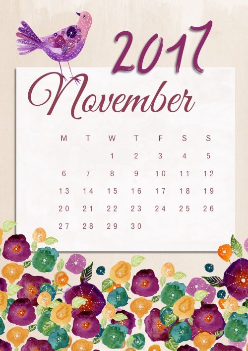 Lapkritis, Kalendorius, 2017, Gėlių, Paukštis, Romantiškas, Dizainas, Apdaila, Metai, Almanachas
