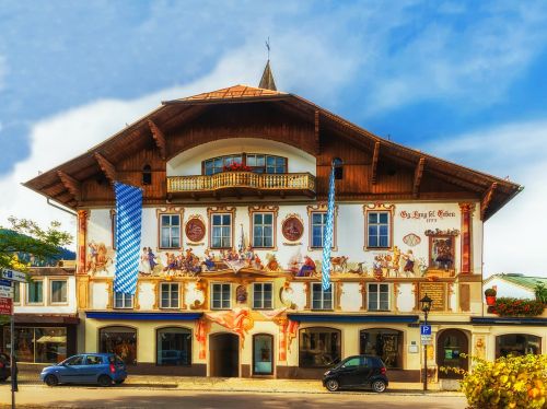 Oberammergau, Bavarija, Viešbutis, Restoranas, Architektūra, Dekoratyvinis, Meno Kūriniai, Miestas, Miesto