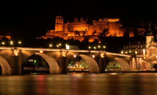 Senas Tiltas, Heidelbergas, Neckar, Pilis, Pastatas, Apšvietimas, Naktis, Tvirtovė, Fejerverkai, Vokietija
