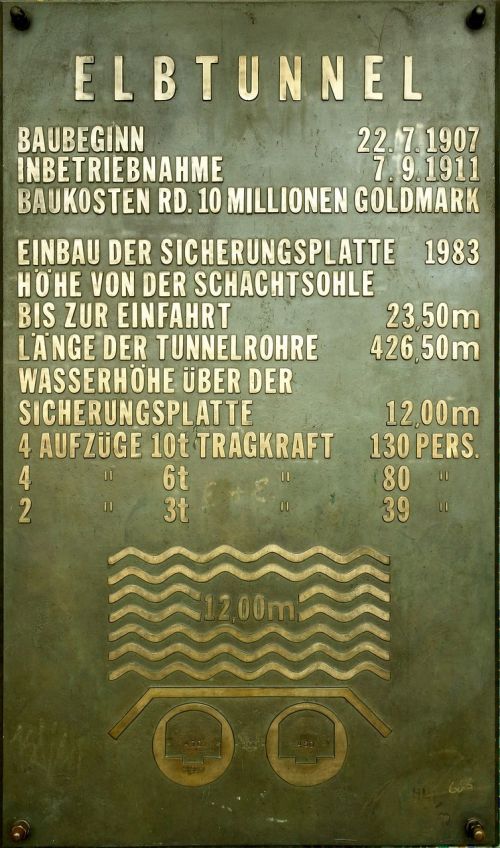 Senas Elbe Tunelis, Hamburgas, Techninės Specifikacijos, Atminimo Plokštė