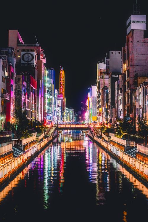 Osaka, Japonija, Hdr, Miestas, Miesto, Miesto Panorama, Žibintai, Švytėjimas, Kanalas, Vanduo, Apmąstymai, Pastatai, Architektūra, Šiuolaikiška, Upė, Naktis, Vakaras, Naktis