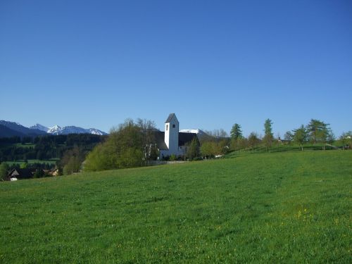 Oy Mittelberg, Allgäu, Bažnyčia, St Michaelis, Kalnų Panorama, Dangus, Mėlynas