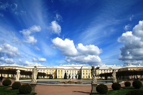 Rūmai, Peterhof, Istorinis, Pastatas, Dangus, Mėlynas, Debesys, Sodai, Sankt Peterburgas