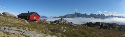 Panorama, Lofoten, Dangus, Mėlynas, Kalnai, Norvegija, Debesys, Namelis, Raudona, Žygiai, Skandinavija, Kraštovaizdis, Gamta, Perspektyva