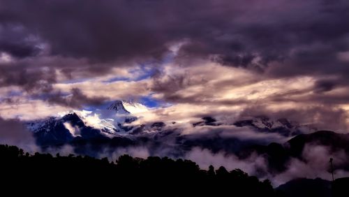 Panorama, Nepalas, Kalnai, Kraštovaizdis, Sniegas, Smailės, Dangus, Debesys, Saulėtekis, Saulėlydis, Gamta, Lauke
