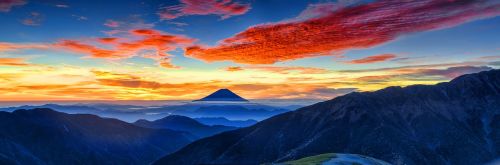 Panoraminis Kraštovaizdis, Ryto Švytėjimas, Mt Fuji, Raudonas Debesys, Pietų Alpėse, Spalio Mėn, Japonija