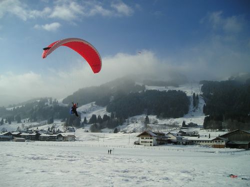 Paragliding, Skristi, Paragleris, Kalnai, Laisvė, Allgäu, Sniegas, Žiema