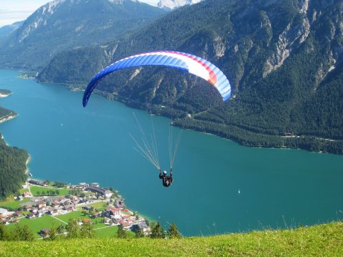 Paragliding, Paragleris, Skristi, Vasara, Laisvė, Kalnai, Ežeras, Achensee, Alpių, Panorama, Slide, Vėjas, Sportinis Skraidymo Įrenginys