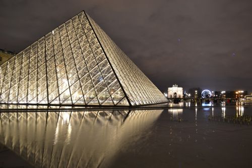 Paris, Naktis, Lova, Piramidė, Stiklas, Atspindys, Vanduo, France, Luvro Muziejus, Žuvų Piramidė, Muziejus, Dangus