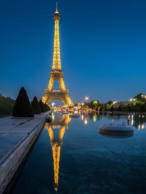 Paris, Eifelio Bokštas, Vanduo, Naktis, Atspindys, Tvenkinys, Šviesa, Apšvietimas, Žibintai