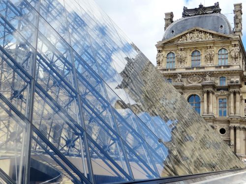 Paris, Luvras, Piramidė, Apmąstymai, Paviljonas, Architektūra, Kontrastas, Muziejus, Turizmas