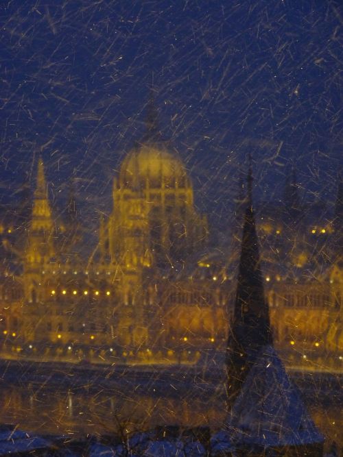 Parlamentas, Vengrija, Pastatas, Vakare, Apšvietimas, Budapest, Miestas, Sniegas, Žiema