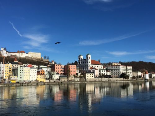 Passau, Saulė, Žiema, Danube, Dangus, Žiemą, Senamiestis, Miestas, Upė