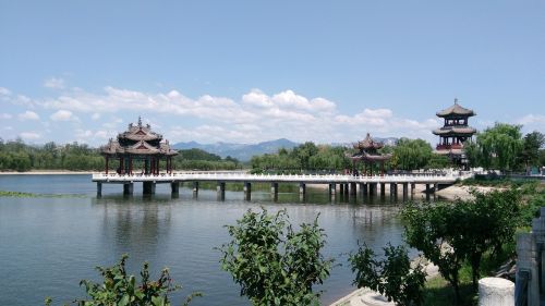 Paviljonas, Ežero Vaizdas, Miyun, Mėlynas Dangus, Pekinas, Kinija, Ežeras