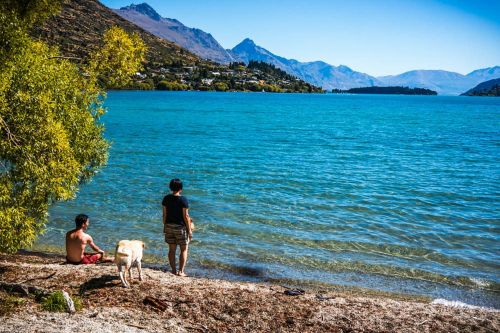 Taikos Parkas, Ežeras Wapatiku, Queenstown, Naujoji Zelandija, Šuo, Kalnai, Gamta, Kraštovaizdis, Papludimys, Akmenys, Kranto Linija, Turizmas, Vasara, Veikla, Kelionė, Linksma, Laisvalaikis, Peizažas