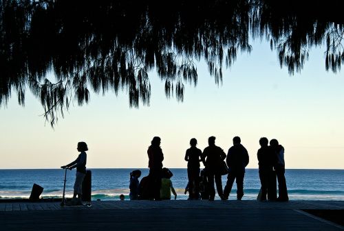 Žmonės, Siluetai, Kranto, Jūra, Vandenynas, Medis, Grupė, Dangus, Queensland, Australia