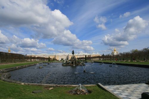 Peterhof, Tvenkinys, Vanduo, Sodai, Fontanas, Dangus, Sankt Peterburgas
