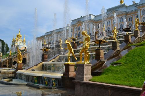 Peterhof, Rusija, Petrodvorets, Rūmai, Parkas, Fontanai, Didelis Krioklys, Auksinė Statula, Aukso Statulos, Laiptinė