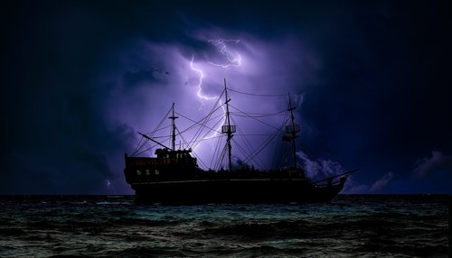 Piratų Laivas,  Tamsiai,  Naktis,  Audra,  Žaibas,  Nuotykių,  Paslaptis,  Jūra