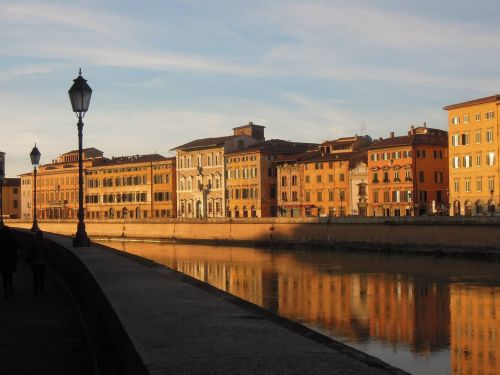 Pisa, Toskana, Italy, Upė, Dusk, Promenada, Kranto, Fasadas