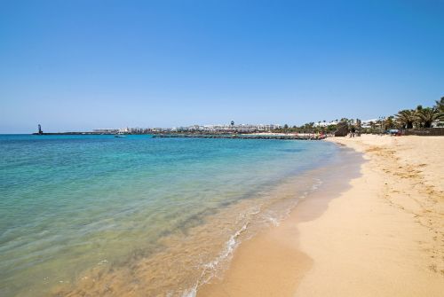 Playa De Las Cucharas, Lanzarote, Kanarų Salos, Ispanija, Afrika, Costa Teguise, Jūra, Papludimys, Vanduo, Kranto, Smėlio Paplūdimys Palmės, Užsakytas, Dangus, Šventė, Vasara