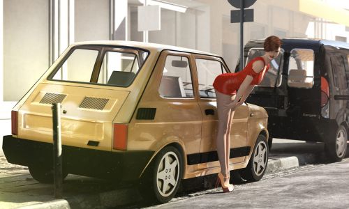 Lenkijos Fiat 126P, 3D Modelis, Modelis, Moteris, Automobilis, Fiat 126P, Gatvė, Miestas, Geltona, Mini, Aukštakulniai, Smeigtukai, Raudona Suknelė, Mergaitė, Kangoo