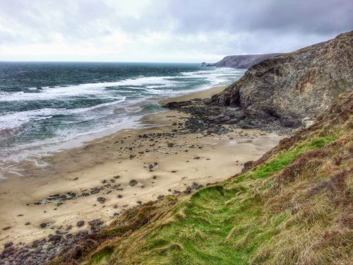 Papludimys,  Cornwall,  Žolė,  Uolos,  Bangos,  Jūra,  Porthtowan